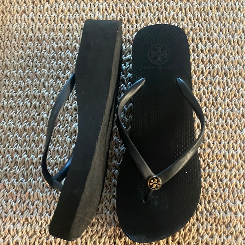 Tory Burch Black Wedge Flip Flops